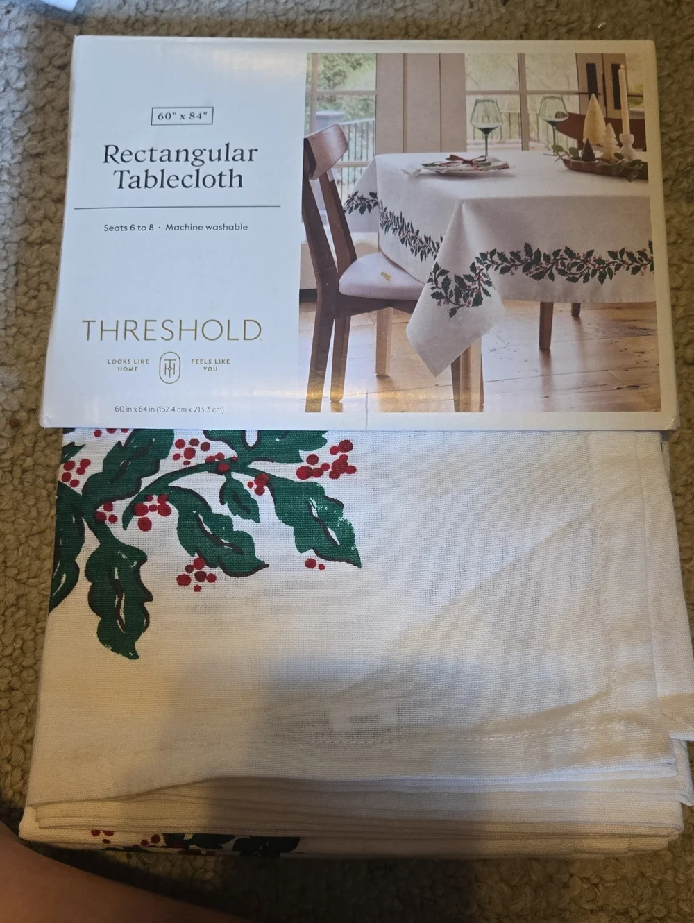 Threshold White Rectangular Tablecloth with Green Holly and Red Berry Border 933